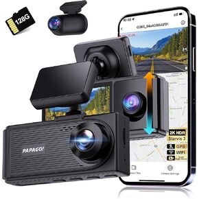 PAPAGO Dash Cam، كاميرا Dash Cam ذات 3 قنوات، كاميرا Dash Cam أمامية وداخلية 1080P، كاميرا DashCam ثلاثية، DashCam مع WiFi وGPS، كاميرا Dash مع بطاقة 64 جيجابايت، HDR، G-Sensor، موقف سيارات على مدار 24 ساعة، تسجيل حلقة in Kuwait