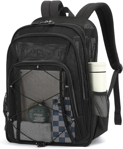 Mesh Backpack, Heavy Duty Mesh Bookbag for Girls Boys Kids, See Through Clear Backpacks, Net Backpack Transparent Breathable for School Beach Swim Travel Outdoor, Black in Kuwait