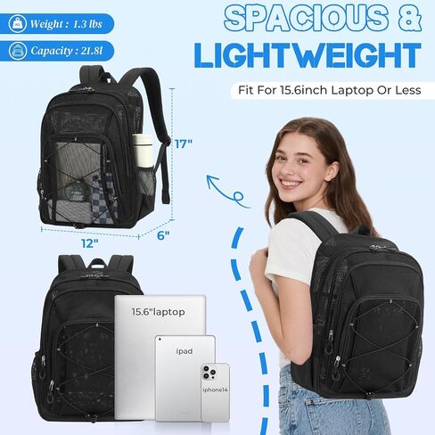Mesh Backpack, Heavy Duty Mesh Bookbag for Girls Boys Kids, See Through Clear Backpacks, Net Backpack Transparent Breathable for School Beach Swim Travel Outdoor, Black in Kuwait