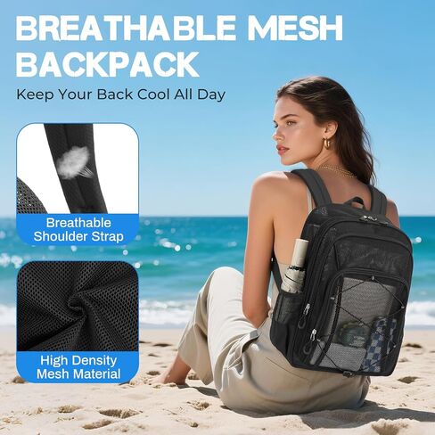 Mesh Backpack, Heavy Duty Mesh Bookbag for Girls Boys Kids, See Through Clear Backpacks, Net Backpack Transparent Breathable for School Beach Swim Travel Outdoor, Black in Kuwait