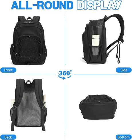 Mesh Backpack, Heavy Duty Mesh Bookbag for Girls Boys Kids, See Through Clear Backpacks, Net Backpack Transparent Breathable for School Beach Swim Travel Outdoor, Black in Kuwait