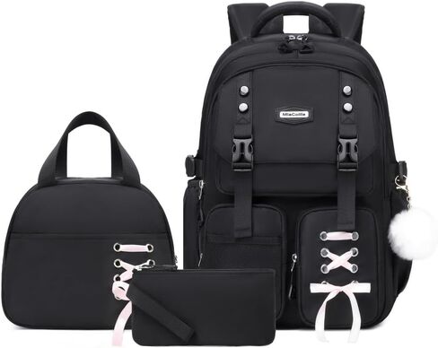 حقيبة ظهر للبنات مع صندوق الغداء والقلم الرصاص ، سفر Daypack حقيبة ظهر لطيفة للمراهقين للبنات الطلاب (الأسود والأرجواني) in Saudi Arabia