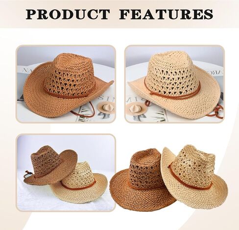 Women/Men Straw Cowboy Hat Wide Brim Sun Beach Cowgirl Hat Summer Western Cowboy for Travel Outdoor Family in Saudi Arabia