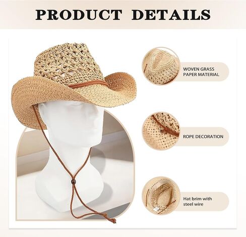 Women/Men Straw Cowboy Hat Wide Brim Sun Beach Cowgirl Hat Summer Western Cowboy for Travel Outdoor Family in Saudi Arabia