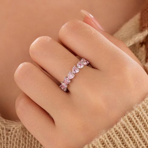 Dainty Pink Heart Rings for Women 925 Sterling Silver Promise Rings for Her Cubic Zirconia Eternity Engagement Wedding Band Purity Ring Mother Daughter Friendship Ring Birthday Graduation Gifts in Kuwait