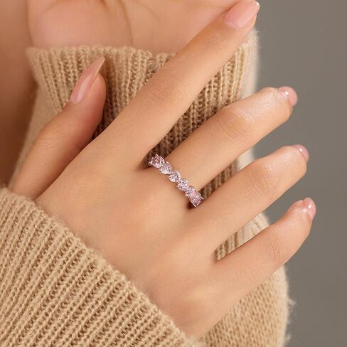 Dainty Pink Heart Rings for Women 925 Sterling Silver Promise Rings for Her Cubic Zirconia Eternity Engagement Wedding Band Purity Ring Mother Daughter Friendship Ring Birthday Graduation Gifts in Kuwait