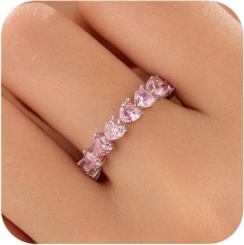 Dainty Pink Heart Rings for Women 925 Sterling Silver Promise Rings for Her Cubic Zirconia Eternity Engagement Wedding Band Purity Ring Mother Daughter Friendship Ring Birthday Graduation Gifts in Kuwait