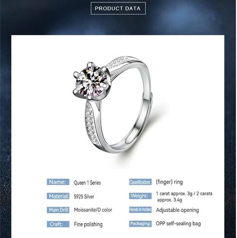 1CT/2CT Series Series Moissanite Ring ، 952 Silver ، D-Color VVS1-2 ، Ring Rings for Women in Saudi Arabia