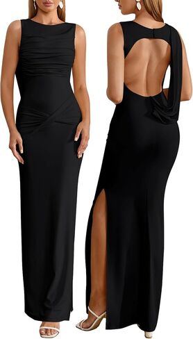 Parthea Women Wedding Guest Dress Bodycon Long Sleeveless Backless Side Slit Elegant Evening Party Cocktail Maxi Dresses in Kuwait