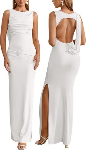 Parthea Women Wedding Guest Dress Bodycon Long Sleeveless Backless Side Slit Elegant Evening Party Cocktail Maxi Dresses in Kuwait