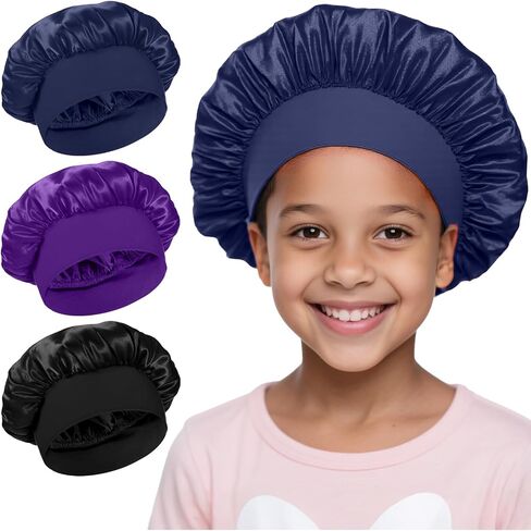 3PCS Bonnets for Girls ، غطاء محرك صغيرة من الحرير للأطفال ، قبعات دش دش ناعم على نطاق واسع (أسود ، أزرق ، أرجواني) in Saudi Arabia