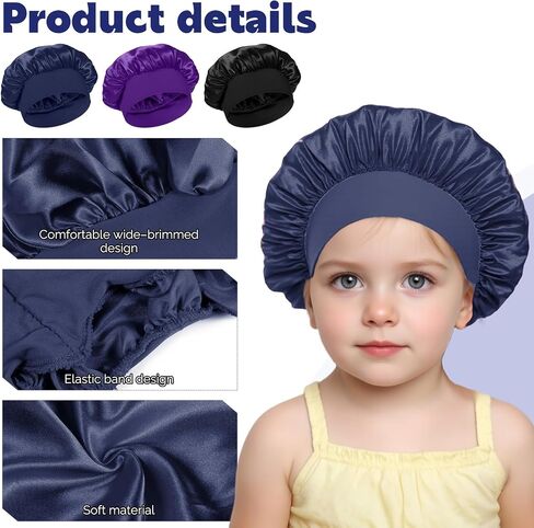 3PCS Bonnets for Girls ، غطاء محرك صغيرة من الحرير للأطفال ، قبعات دش دش ناعم على نطاق واسع (أسود ، أزرق ، أرجواني) in Saudi Arabia