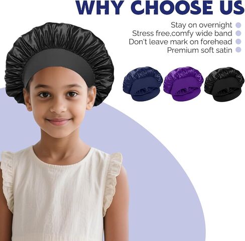 3PCS Bonnets for Girls ، غطاء محرك صغيرة من الحرير للأطفال ، قبعات دش دش ناعم على نطاق واسع (أسود ، أزرق ، أرجواني) in Saudi Arabia