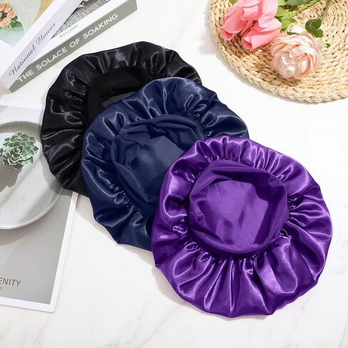 3PCS Bonnets for Girls ، غطاء محرك صغيرة من الحرير للأطفال ، قبعات دش دش ناعم على نطاق واسع (أسود ، أزرق ، أرجواني) in Saudi Arabia