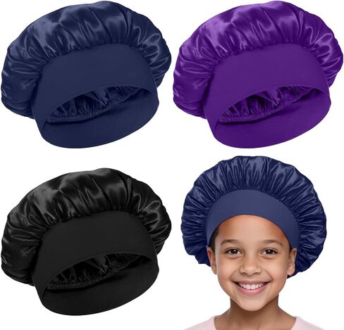 3PCS Bonnets for Girls ، غطاء محرك صغيرة من الحرير للأطفال ، قبعات دش دش ناعم على نطاق واسع (أسود ، أزرق ، أرجواني) in Saudi Arabia