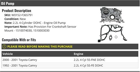 مضخة زيت المحرك-متوافقة مع 1992-2001 تويوتا كامري 2.2L 4 أسطوانات DOHC in Saudi Arabia