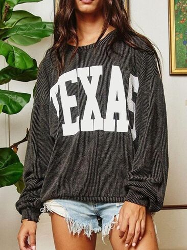 Texas Womens Sweatshirt Crewneck Long Sleeve Graphic Print Drop Shoulder Pullover Shirts Tops in Saudi Arabia