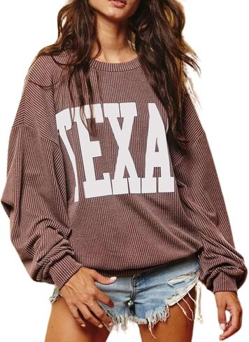 Texas Womens Sweatshirt Crewneck Long Sleeve Graphic Print Drop Shoulder Pullover Shirts Tops in Saudi Arabia