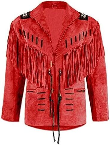 Mens Traditional Western Cowboy Suede Leather Jacket | Classic Native American jacket Coat with Beaded Fringed in Saudi Arabia