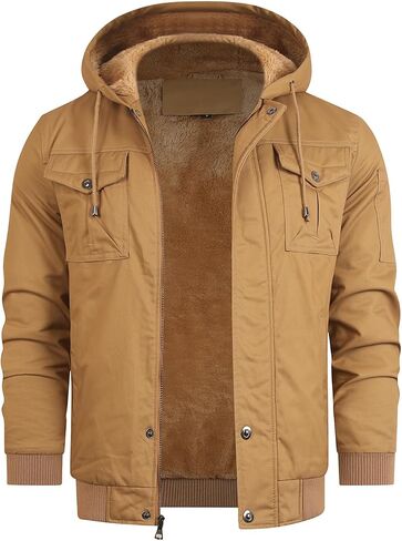 HOOD CREW Men’s Casual Winter Jackets Thick Cotton Warm Fleece Lined Coats Multi Pockets Cargo Work Jacket with Hood in Saudi Arabia
