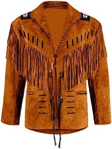 Mens Traditional Western Cowboy Suede Leather Jacket | Classic Native American jacket Coat with Beaded Fringed in Saudi Arabia