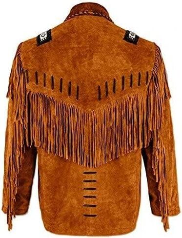Mens Traditional Western Cowboy Suede Leather Jacket | Classic Native American jacket Coat with Beaded Fringed in Saudi Arabia