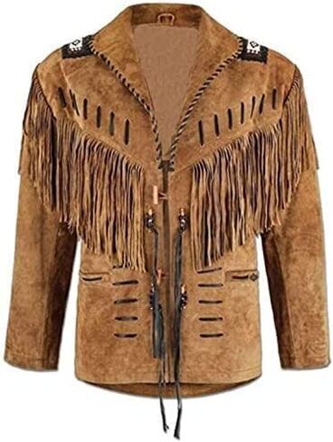 Mens Traditional Western Cowboy Suede Leather Jacket | Classic Native American jacket Coat with Beaded Fringed in Saudi Arabia