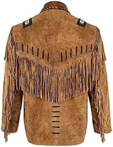 Mens Traditional Western Cowboy Suede Leather Jacket | Classic Native American jacket Coat with Beaded Fringed in Saudi Arabia