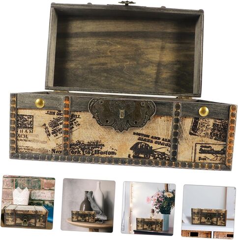 Vintage Wooden Treasure Chest Storage Box with Password Lock Retro Trinket Organizer for Jewelry Small Keepsakes and Memorabilia Compact Antique Style Design for Desktop in Saudi Arabia