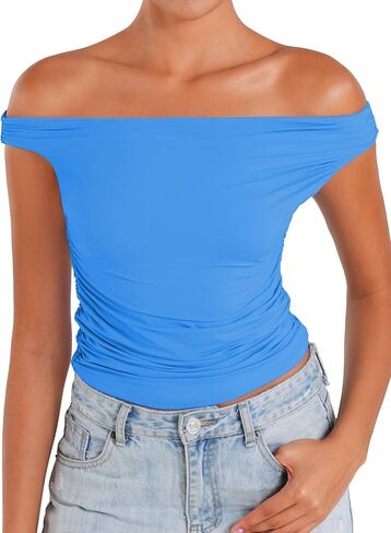 Sunzel Women's Off Shoulder Sleeveless Crop Top, Y2K Trendy Going Out Tank Shirt, Asymmetrical Neckline & Ruched Detail in Kuwait