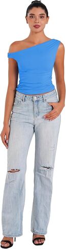 Sunzel Women's Off Shoulder Sleeveless Crop Top, Y2K Trendy Going Out Tank Shirt, Asymmetrical Neckline & Ruched Detail in Kuwait