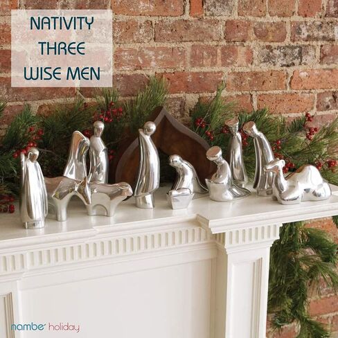 Nambe Nativity Scene Figurines and Wooden Creche | 4 Piece Christmas Figurine Set | Acacia Wood Creche with Mary, Joseph, and Baby Jesus in Alloy | Designed by Todd Weber in Saudi Arabia