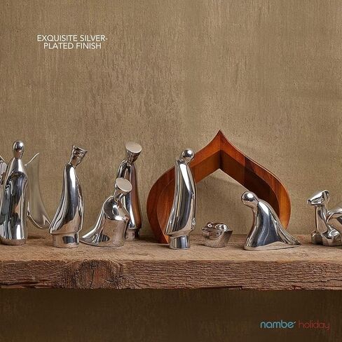 Nambe Nativity Scene Figurines and Wooden Creche | 4 Piece Christmas Figurine Set | Acacia Wood Creche with Mary, Joseph, and Baby Jesus in Alloy | Designed by Todd Weber in Saudi Arabia