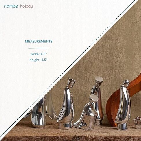 Nambe Nativity Scene Figurines and Wooden Creche | 4 Piece Christmas Figurine Set | Acacia Wood Creche with Mary, Joseph, and Baby Jesus in Alloy | Designed by Todd Weber in Saudi Arabia