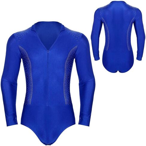 Men Rhinestones Latin Dance Shirt Leotard Bodysuit Long Sleeve V-Neck Dance Figure Skating Costumes in Saudi Arabia