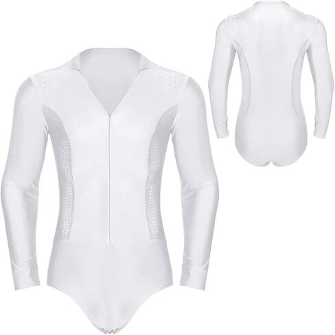Men Rhinestones Latin Dance Shirt Leotard Bodysuit Long Sleeve V-Neck Dance Figure Skating Costumes in Saudi Arabia