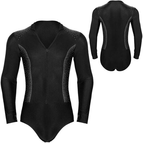 Men Rhinestones Latin Dance Shirt Leotard Bodysuit Long Sleeve V-Neck Dance Figure Skating Costumes in Saudi Arabia