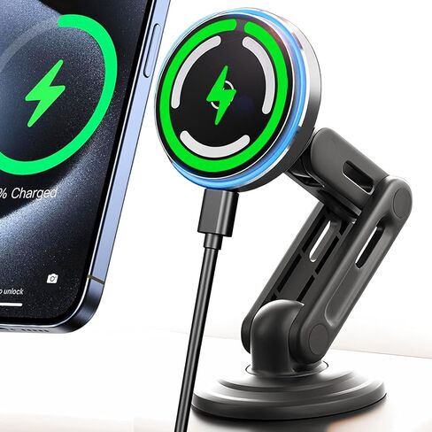 QI2 15W لشاحن Magsafe Car Mount ، LED LED Ambient Light ، قابل للسحب بذراع طويلة و 360 درجة ، شاحن سيارة لاسلكي مغناطيسي Dash ، حامل هاتف السيارة لجهاز iPhone 16/15/14/13/12 in Kuwait