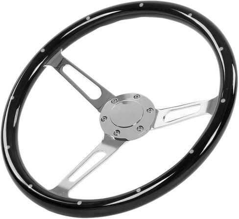 Aramox 380mm 15in Classic Steering Wheel Assembly Walnut Grip 3 Spoke Riveted 6 Hole Universal Modification Auto Sports Steering Wheel (Black) in Saudi Arabia