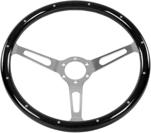 Aramox 380mm 15in Classic Steering Wheel Assembly Walnut Grip 3 Spoke Riveted 6 Hole Universal Modification Auto Sports Steering Wheel (Black) in Saudi Arabia