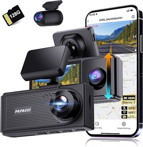 PAPAGO Dash Cam، كاميرا Dash Cam ذات 3 قنوات، كاميرا Dash Cam أمامية وداخلية 1080P، كاميرا DashCam ثلاثية، DashCam مع WiFi وGPS، كاميرا Dash مع بطاقة 64 جيجابايت، HDR، G-Sensor، موقف سيارات على مدار 24 ساعة، تسجيل حلقة in Kuwait