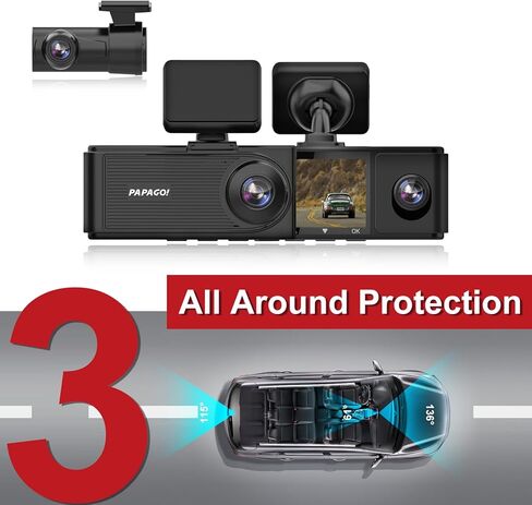 PAPAGO Dash Cam، كاميرا Dash Cam ذات 3 قنوات، كاميرا Dash Cam أمامية وداخلية 1080P، كاميرا DashCam ثلاثية، DashCam مع WiFi وGPS، كاميرا Dash مع بطاقة 64 جيجابايت، HDR، G-Sensor، موقف سيارات على مدار 24 ساعة، تسجيل حلقة in Kuwait