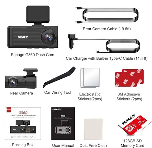 PAPAGO Dash Cam، كاميرا Dash Cam ذات 3 قنوات، كاميرا Dash Cam أمامية وداخلية 1080P، كاميرا DashCam ثلاثية، DashCam مع WiFi وGPS، كاميرا Dash مع بطاقة 64 جيجابايت، HDR، G-Sensor، موقف سيارات على مدار 24 ساعة، تسجيل حلقة in Kuwait