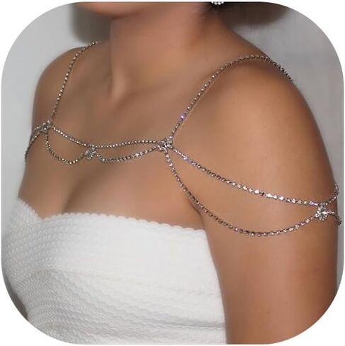 Rhinestone Shoulder Body Chain Jewelry,Multi-Layered Flower Rhinestone Bridal Back Chain Necklace Sexy Festival Rave Crystal Shoulder Chain Wedding Backdrop Jewelry for Women in Kuwait