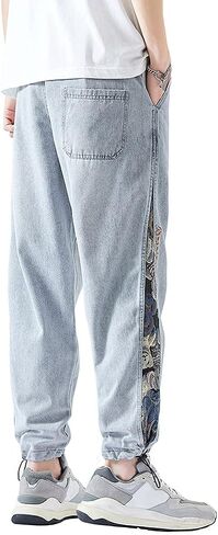 Men's Joggers Denim Jeans Elastic Waist Casual Pull On Pants in Saudi Arabia