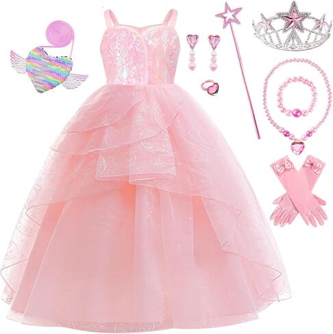 9 Pcs Halloween Pink Witch Costume for Girls Sequins Mesh Princess Dress with Accessories in Saudi Arabia