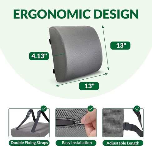 Seat Cushion & Adjustable Lumbar Support Pillow Set,Charcoal Memory Foam for Sciatica,Back & Tailbone Pain Relief,Washable Cover & Non-Slip,Ergonomic for Office Chair,Car,Wheelchair -Black in Kuwait