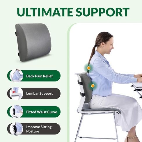 Seat Cushion & Adjustable Lumbar Support Pillow Set,Charcoal Memory Foam for Sciatica,Back & Tailbone Pain Relief,Washable Cover & Non-Slip,Ergonomic for Office Chair,Car,Wheelchair -Black in Kuwait