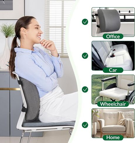 Seat Cushion & Adjustable Lumbar Support Pillow Set,Charcoal Memory Foam for Sciatica,Back & Tailbone Pain Relief,Washable Cover & Non-Slip,Ergonomic for Office Chair,Car,Wheelchair -Black in Kuwait