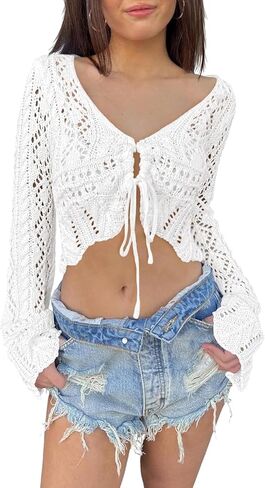 ملابس الكروشيه النسائية الأمامية كارديجان مهرجان الصيف ملابس الجرس بيل طويل الأكمام in Kuwait